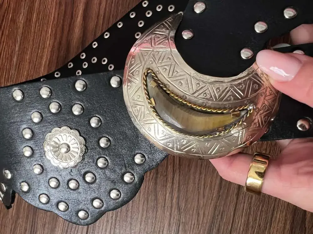 Free People Studded Crescent Moon Buckle Belt Black